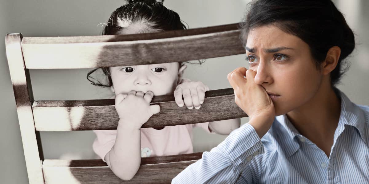 toddler on a chair and sad woman