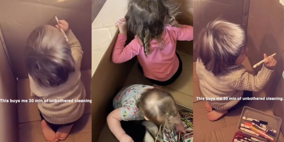 Mom Called A 'Genius' For Letting Her Kids Play In A Cardboard Box While She Works Children in a cardboard box TikTok