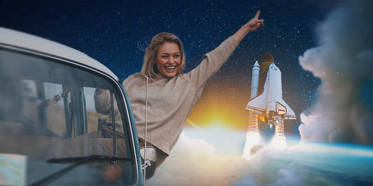 The 1-Minute Mood-Enhancing Visualization Exercise To Uplift You woman in a car with a space ship