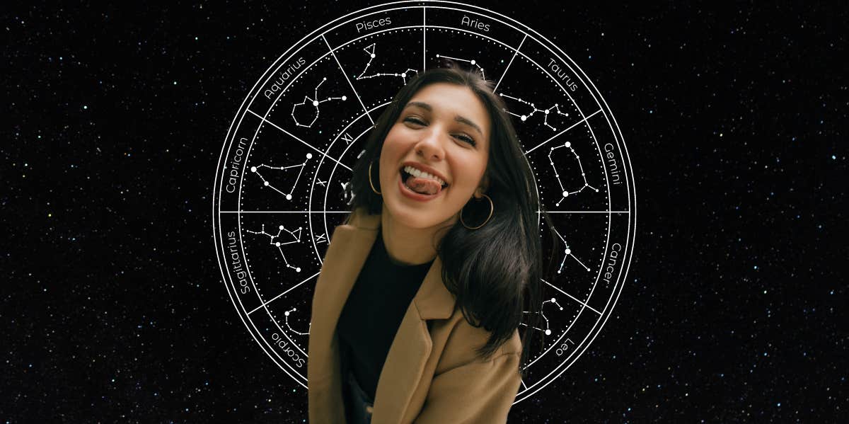 Moon Conjunct Ascendant Synastry woman laughing in front of zodiac wheel