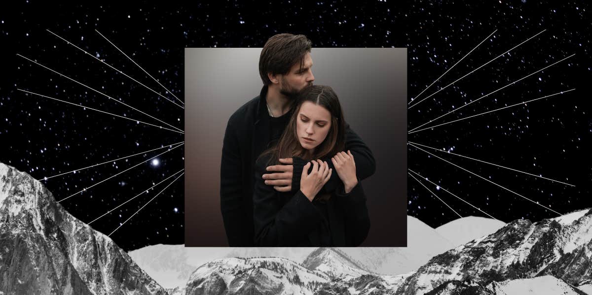 Moon Conjunct Lilith Synastry couple embracing, mountain range
