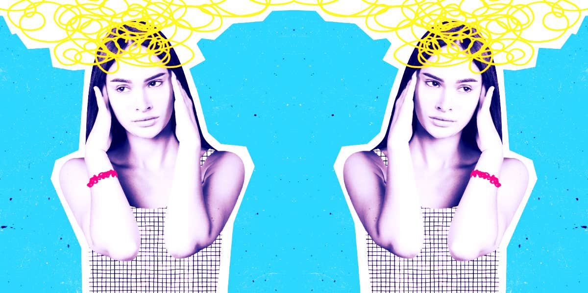 How Your Moon Sign's Zodiac Element Affects You double image of a woman holding her head while being affected by her Moon sign's element