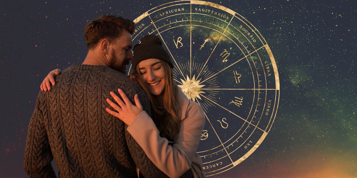 couple hugging zodiac wheel