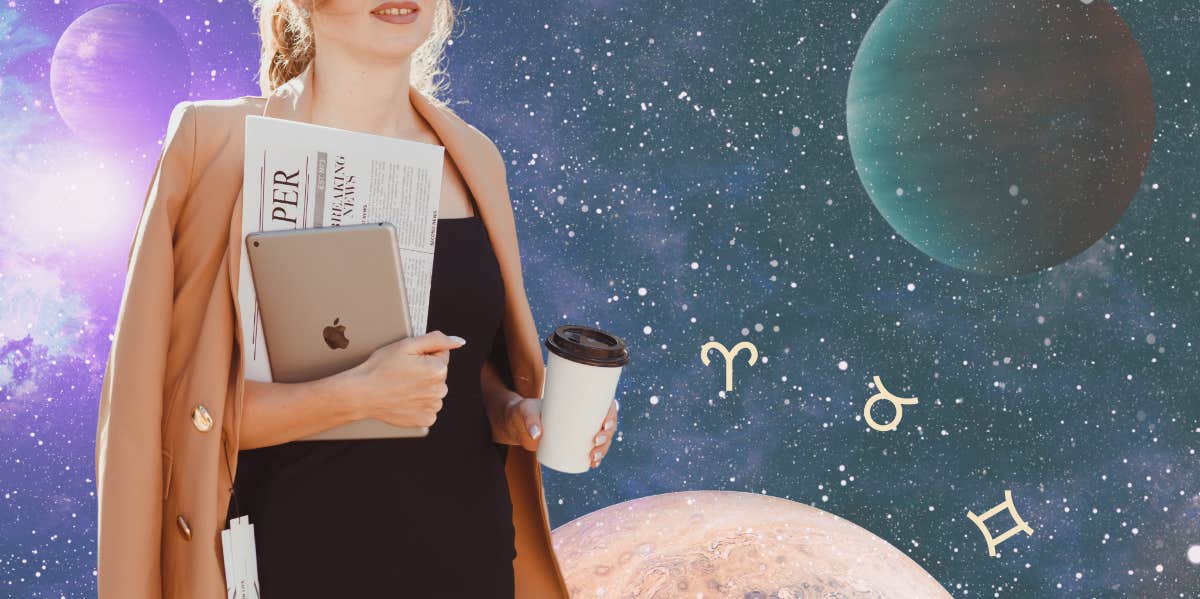Ambitious Zodiac Signs Who Are Passionate About Life, Ranked woman holding laptop and coffee in front of planets and zodiac symbols