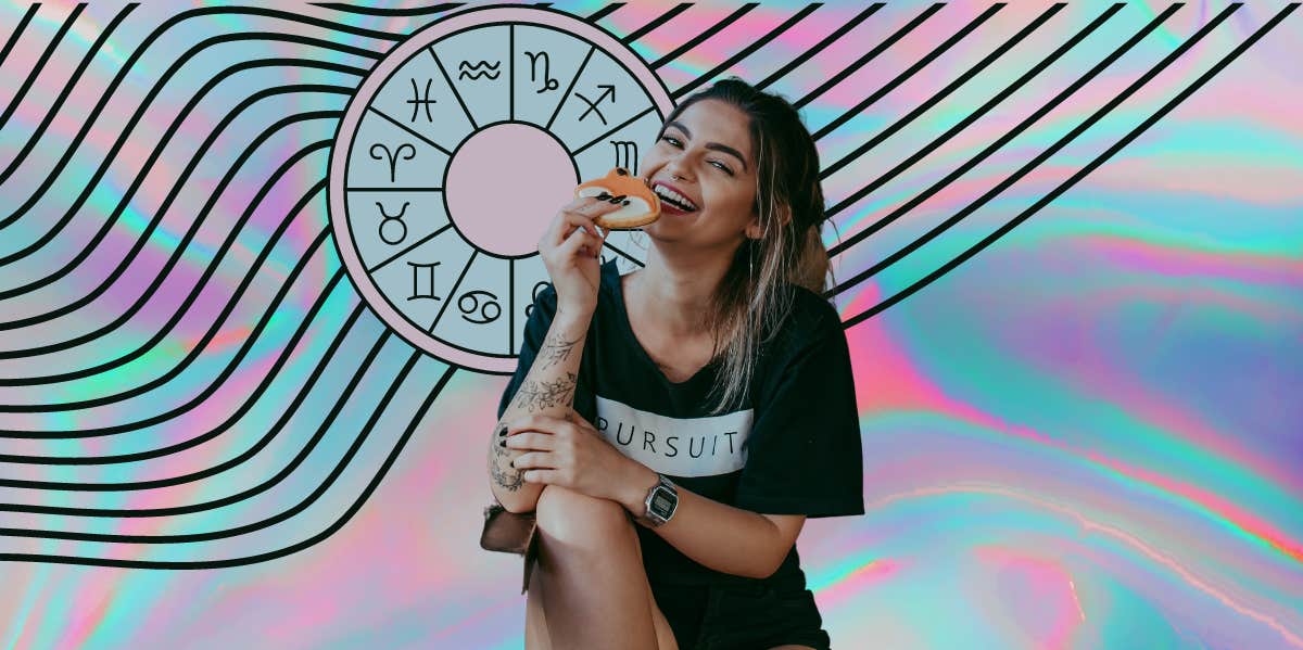 5 Charming Zodiac Signs Who Are Effortlessly Easy To Be Around, According To Astrology woman eating a doughnut, zodiac wheel