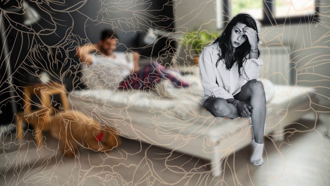 4 Most Tragically Common Ways Women Sabotage Their Chances Of Meeting 'The One' Woman sitting on the end of her bed with visions of the perfect relationship that isn't real