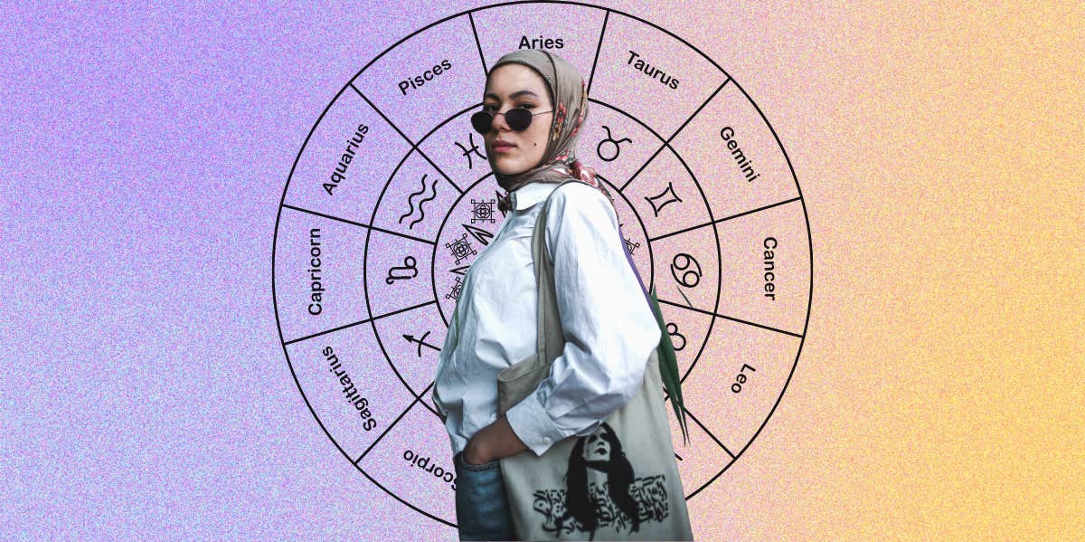 zodiac wheel behind woman