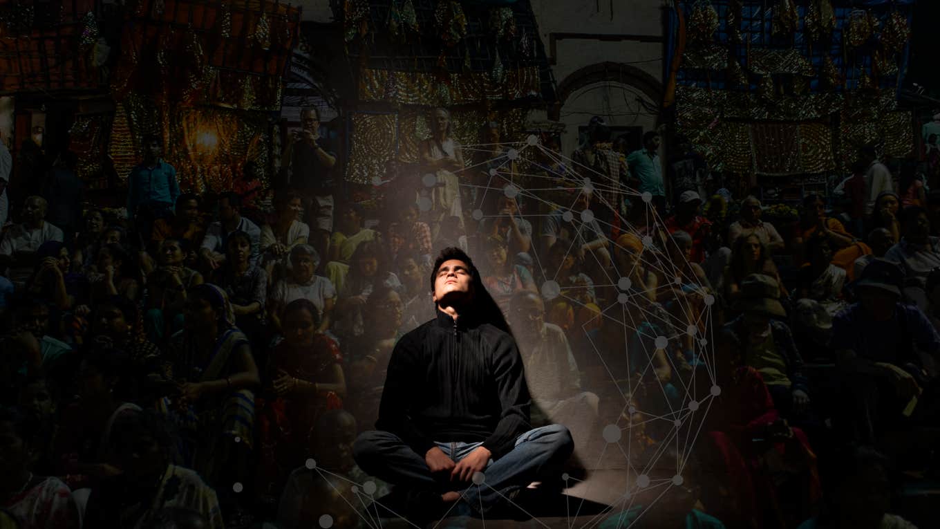 The Most Terrible Poverty Is Loneliness Man surrounded by a world of people, finds himself lonely