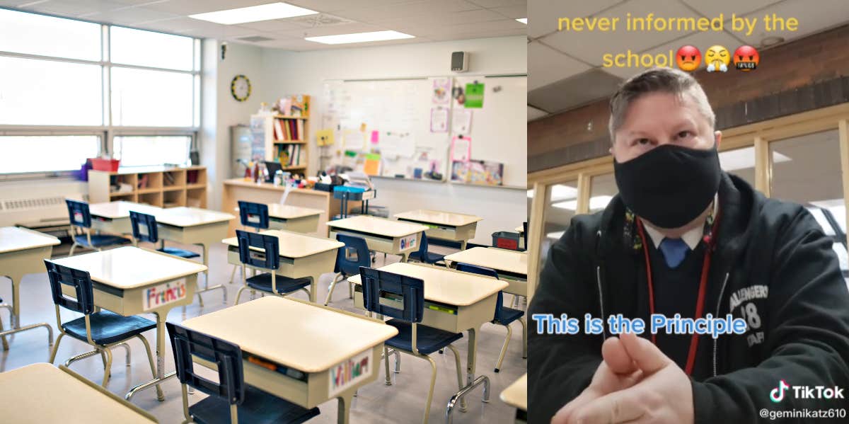 Left: image of classroom. Right: TikTok screenshot of the principal the mother confronted