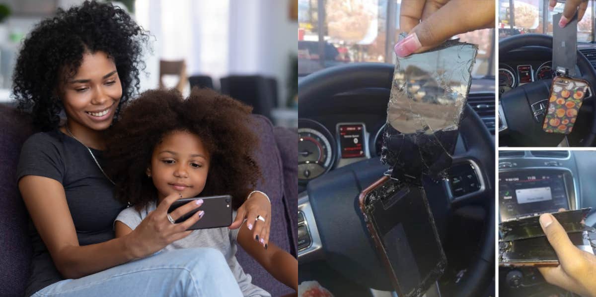 Mother Breaks Her Daughter's Phone During 'Phone Check' Because She Wouldn't Give Up Her Password Mother and daughter on phone, broken phone Facebook post