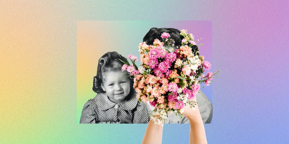 retro mom and daughter with flowers over mom's face