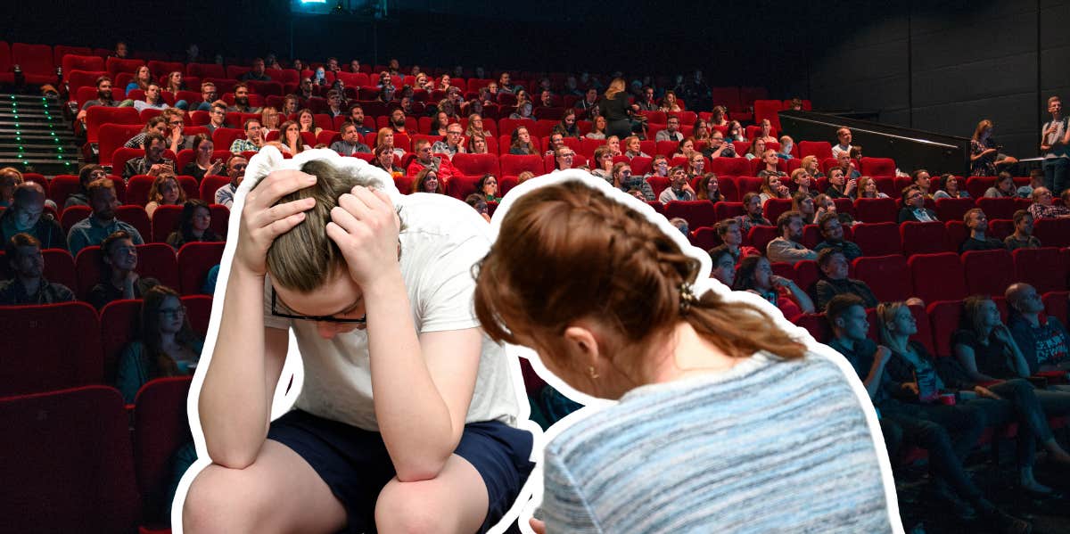 upset mother and son, movie theater