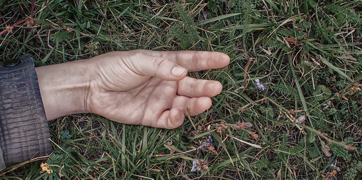 Hand of dead person in grass