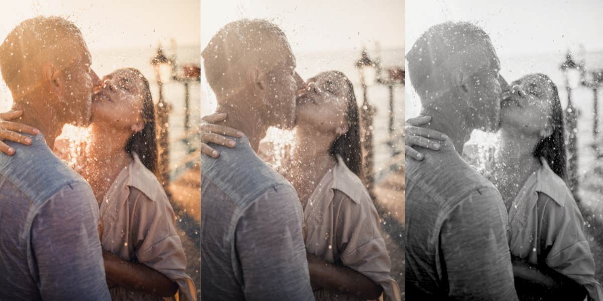 woman and man kissing in the rain