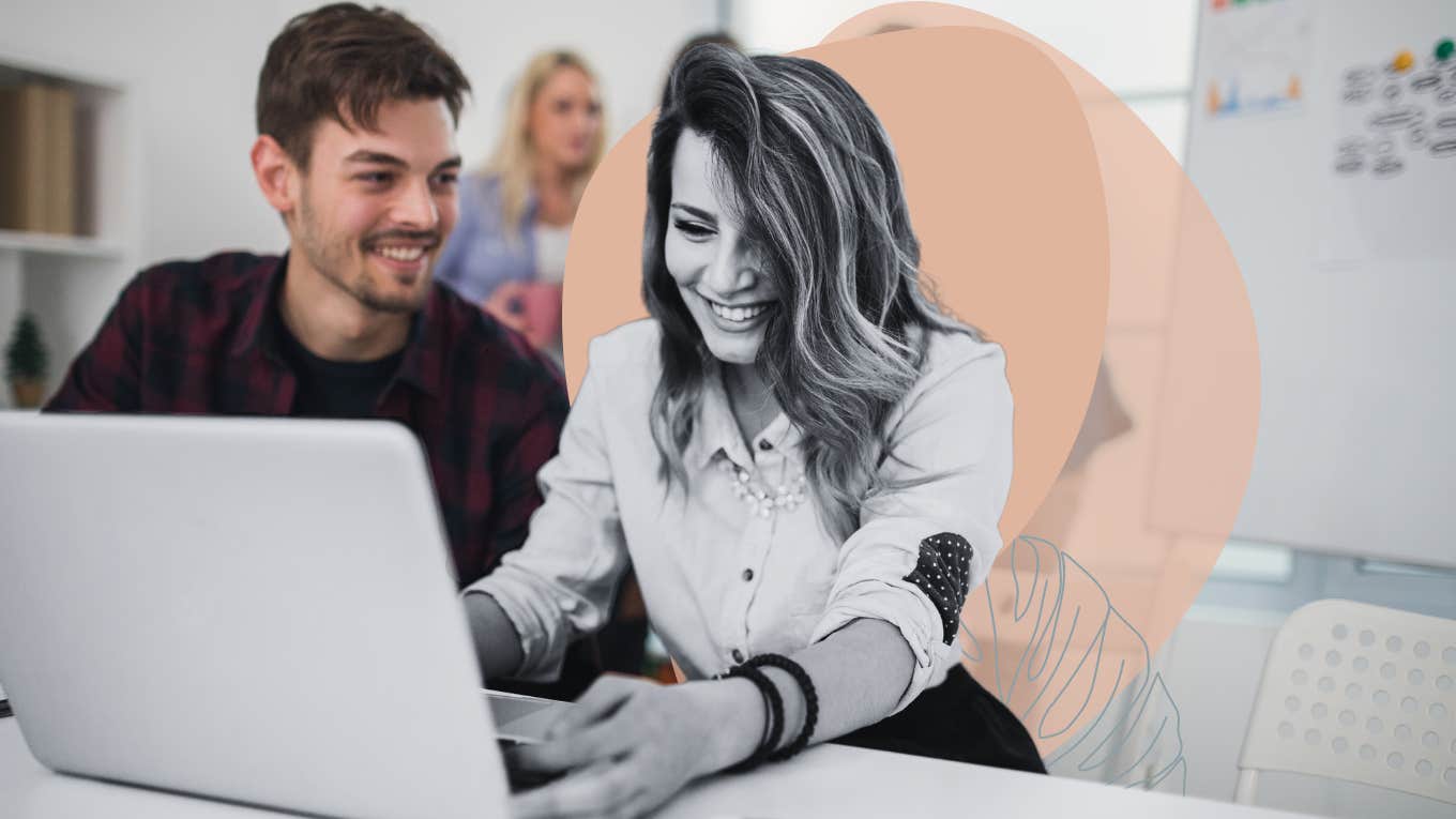 3 Uh-Oh Reasons You're Crushing On Someone Outside Your Relationship co-workers flirting at work.