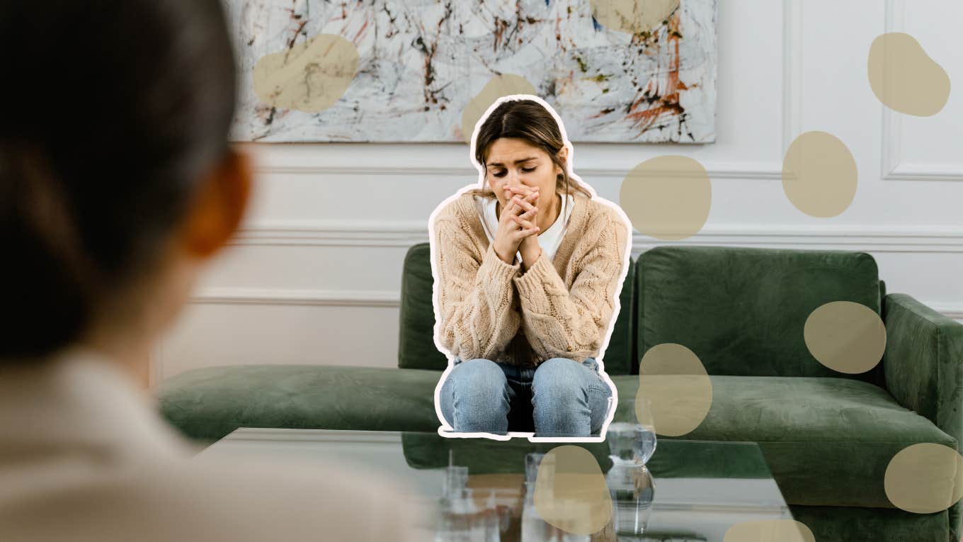 Woman speaking to marriage counselor coming to realization