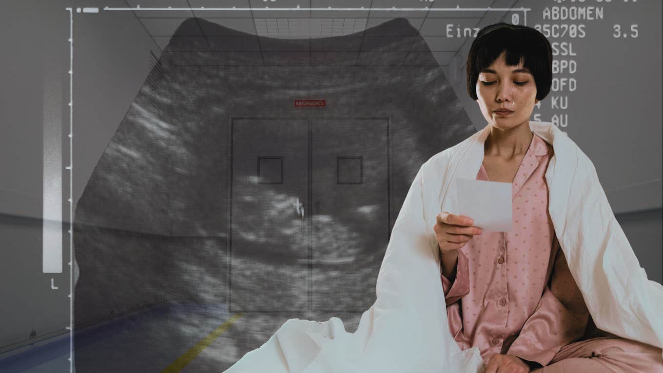 My Traumatic Miscarriage Lasted Months And Ended In The ER Sad woman with tears in eyes, looking at ultrasound