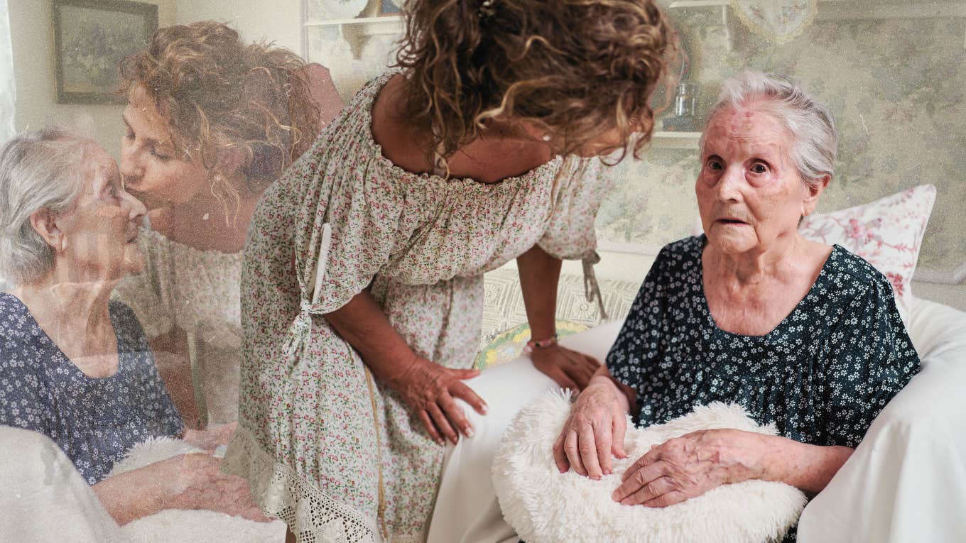 Woman with her elderly mother in her home