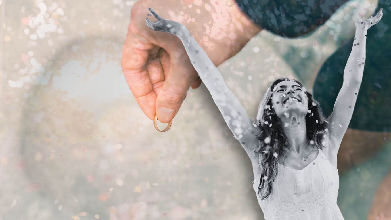 Woman flushing her wedding ring and celebrating separation