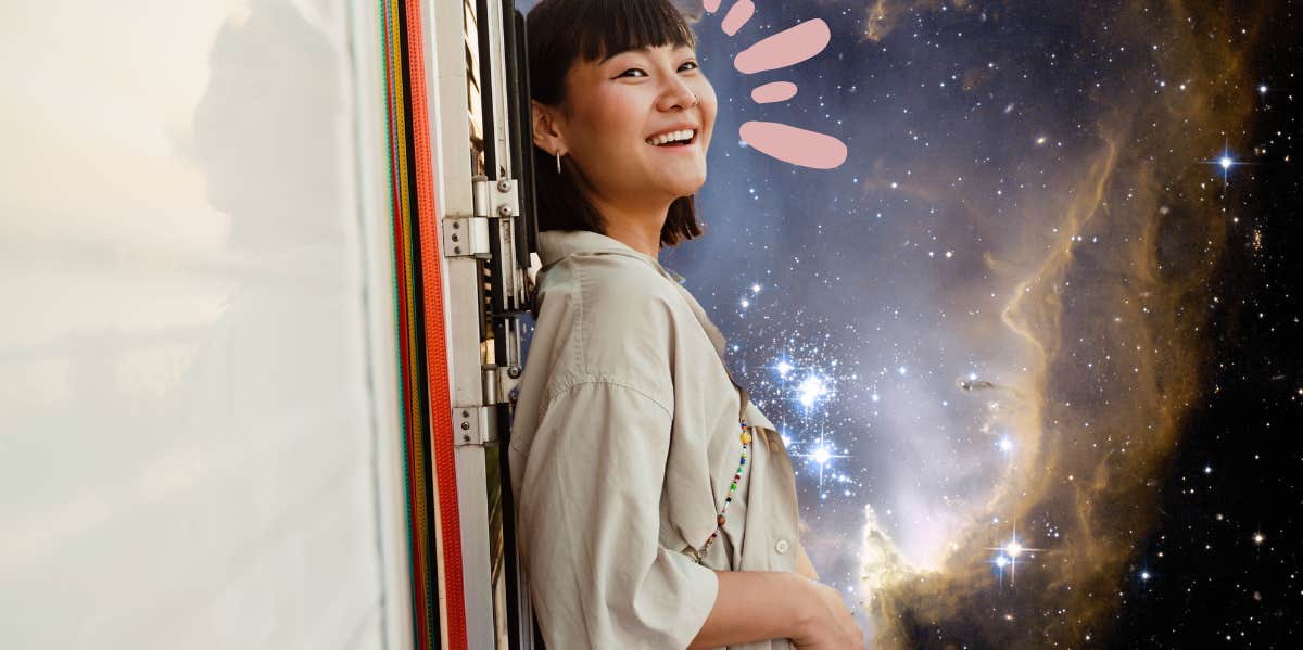 Flex brain's superpower with neuroplasticity woman leaning against airstream camper with a wild space image in the background