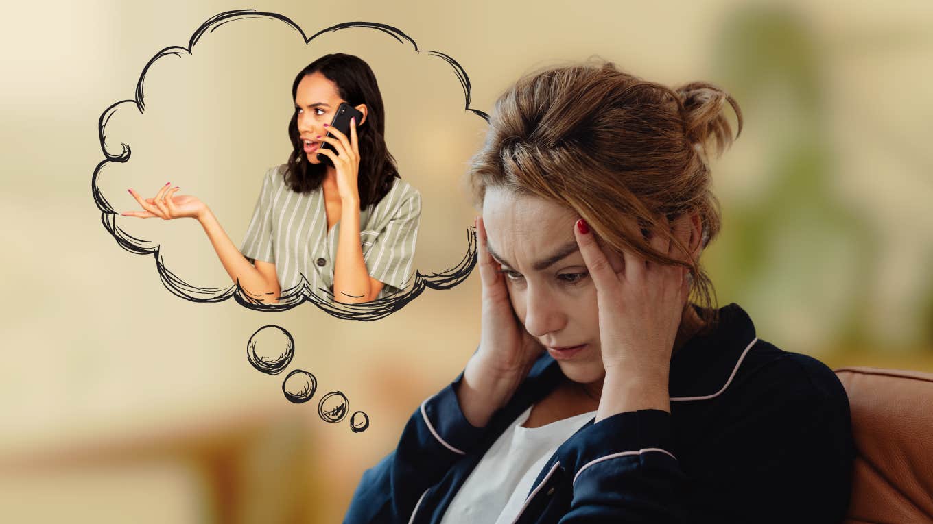 Girl stressing thinking about listening to friend 