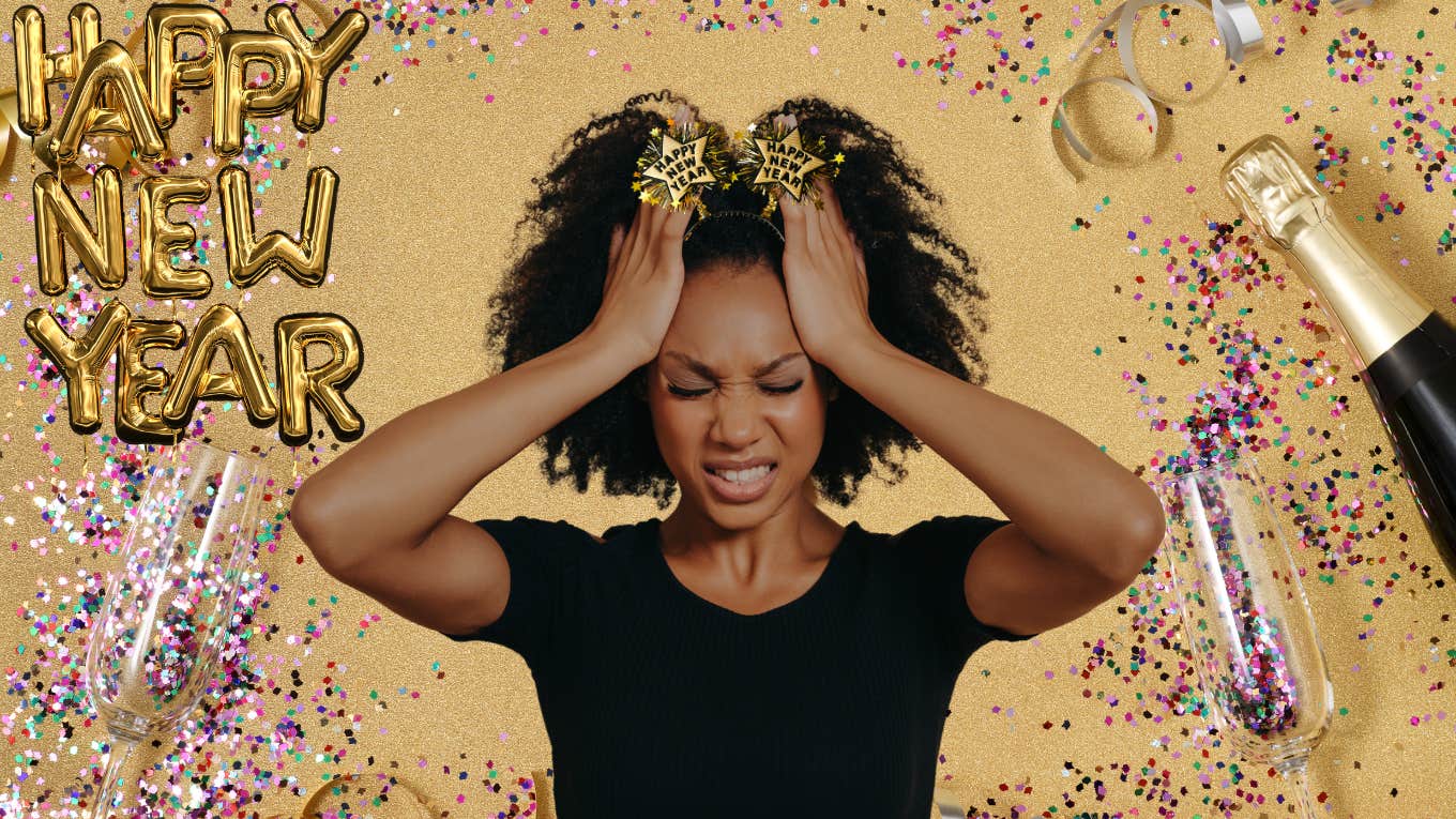 5 Tips On Avoiding The Stress Of A New Year's Resolution Woman looking stressed out in front of a New Year's Eve party backdrop
