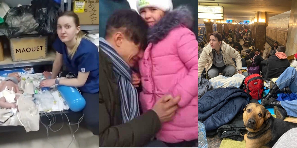 newborn babies in makeshift bunker, father saying goodbye to daughter, families waiting in train station