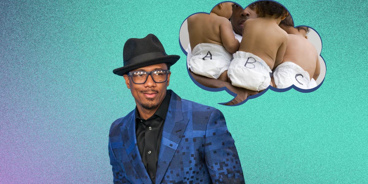 nick cannon with thought bubble with babies in it