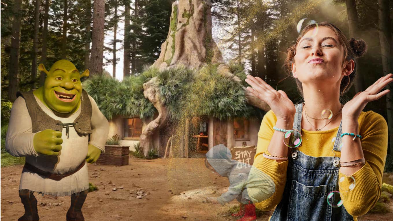 Renting A Shrek-Themed Airbnb Will Help You Nurture Your Inner Child Woman channeling her inner child at Shrek Home airbnb