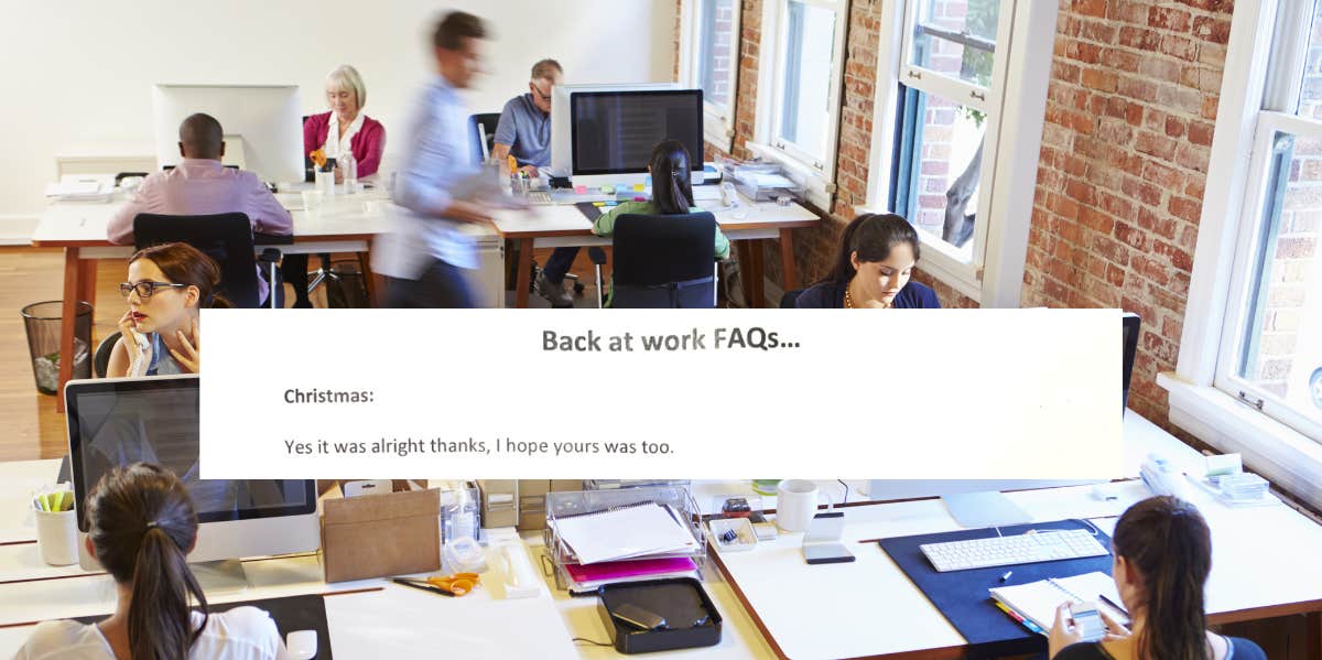 Worker Posts 'Christmas FAQ' In Office To Skip Coworkers' Questions A busy office with a screenshot of the Christmas FAQ