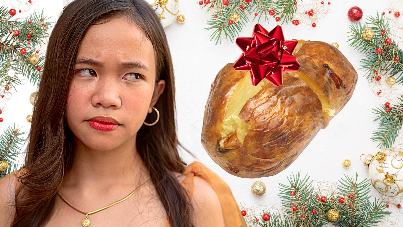 Company Giving Potato Bar As A Christmas Bonus — & Taxing Employees For It woman angry about being given a potato bar as a Christmas bonus