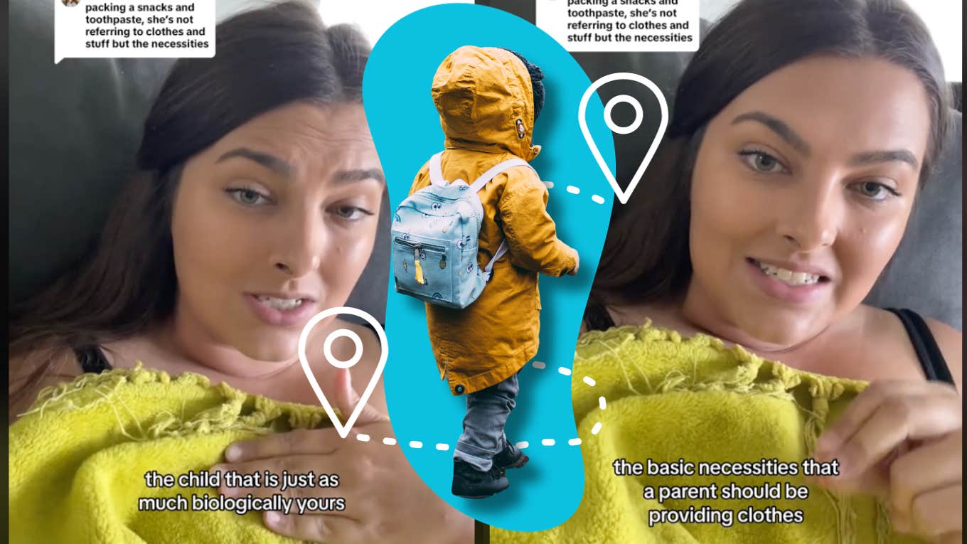 Woman Explains Difference Between Coparenting & Babysitting allie marie tiktok and little kid with backpack on