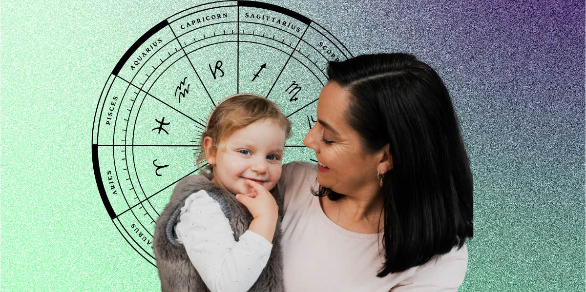 mother holding daughter and zodiac wheel