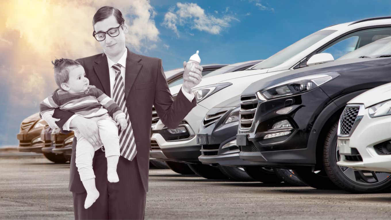 Parents Leave Baby With Car Salesman While They Test-Drive A New Car car dealership, baby, parents, salesman, new car