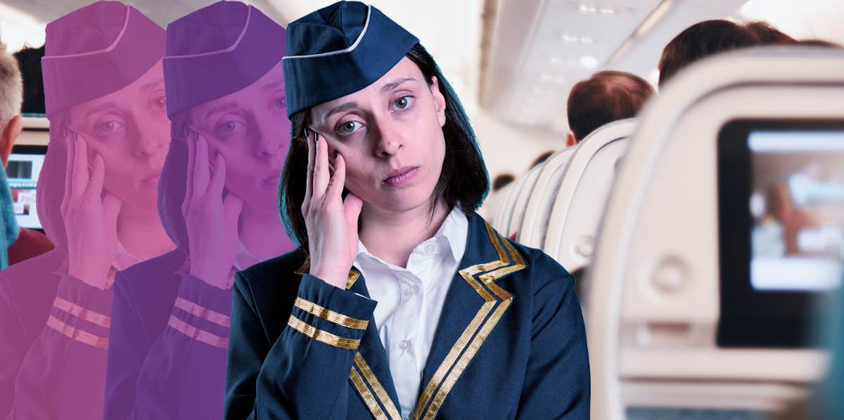A photograph of a tired-looking flight attendant with her head resting on a hand against a background of a flight interior.