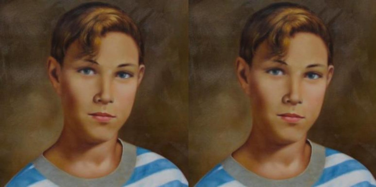 colorized school photo, doubled image, of Jeremey Delle from Pearl Jam song