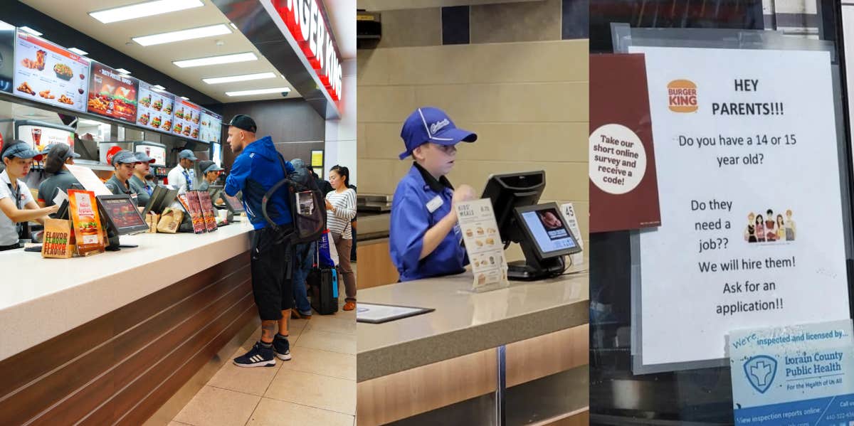 Burger King counter, teenage boy working at Culver's, Burger King hiring sign