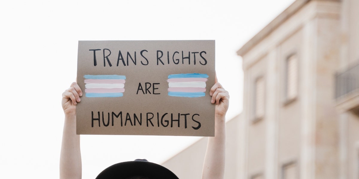 person holding trans flag sign at pride parade