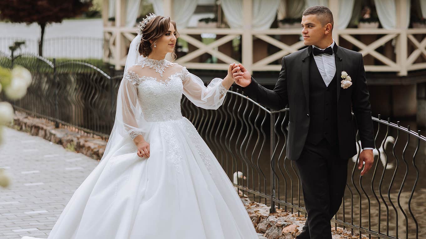 bride and groom walking together