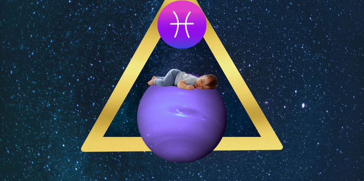 pisces symbol, baby laying on neptune