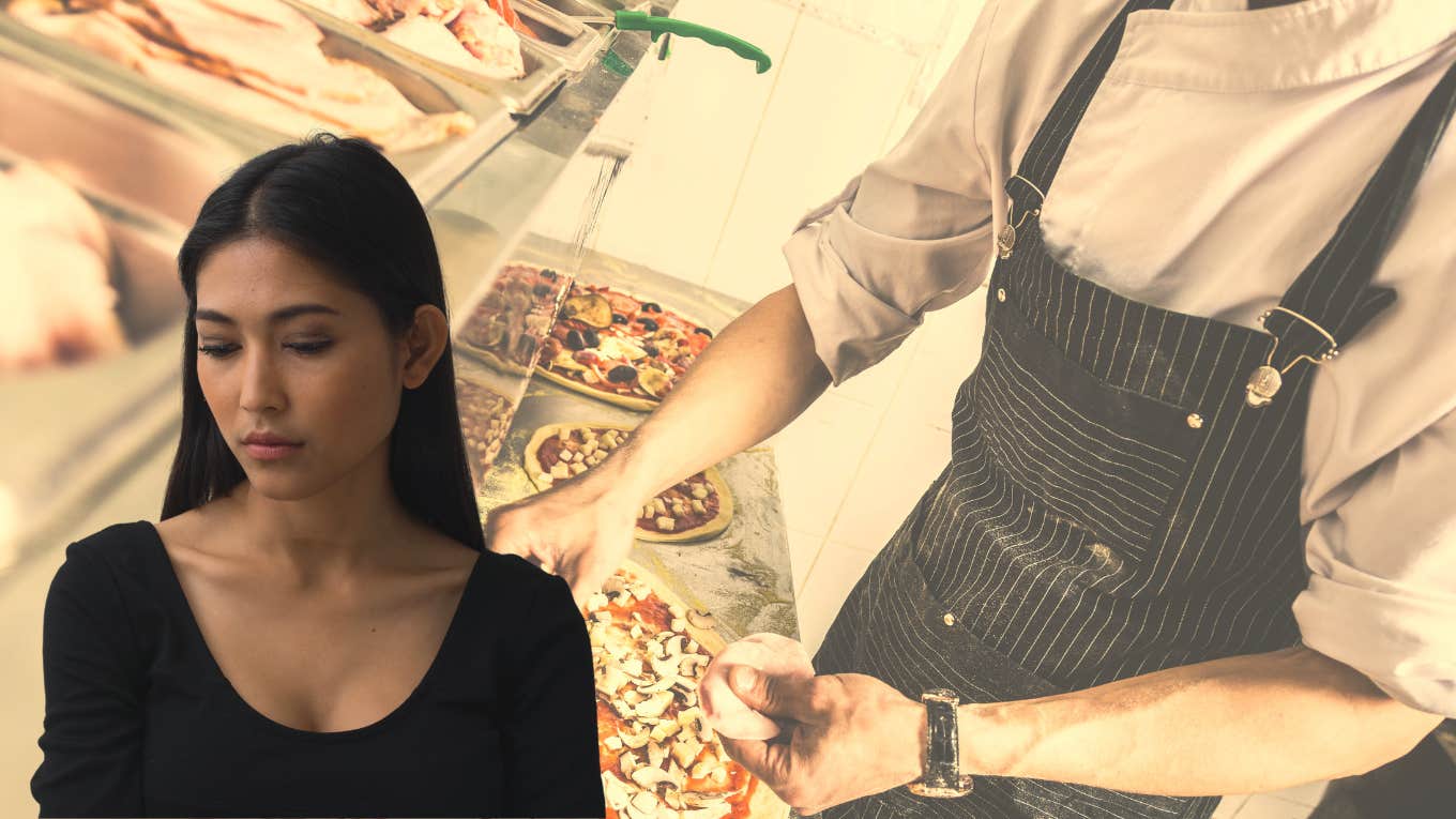 Woman looking sad in front of a pizza parlor background