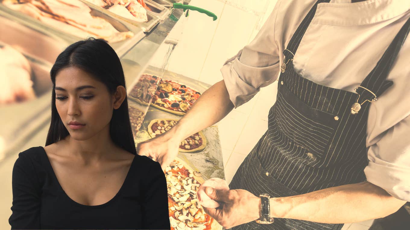 They gave her a shred of kindness when she needed it most. Woman looking sad in front of a pizza parlor background