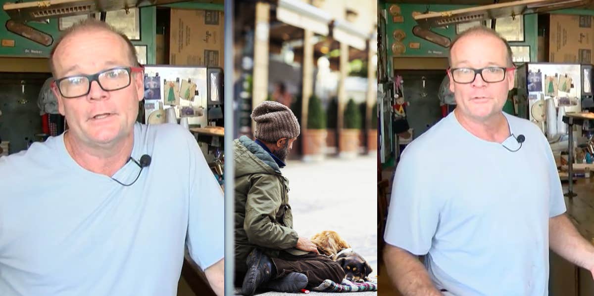 Eric Weber, homeless man sitting on the ground with a dog at his feet