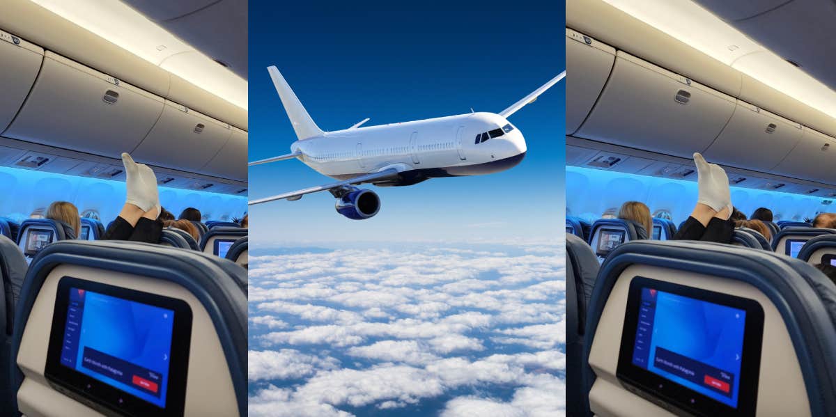 Woman's feet propped on seat, airplane in the sky