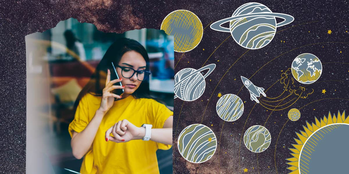 woman looking at watch, planets in orbit