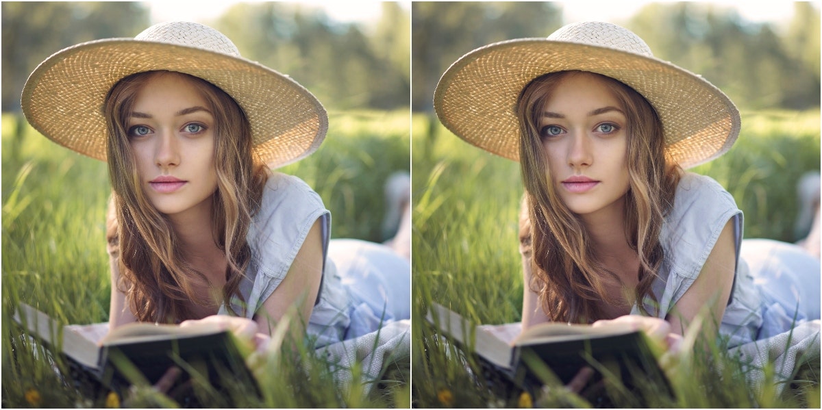 double image of woman reading a book on the grass