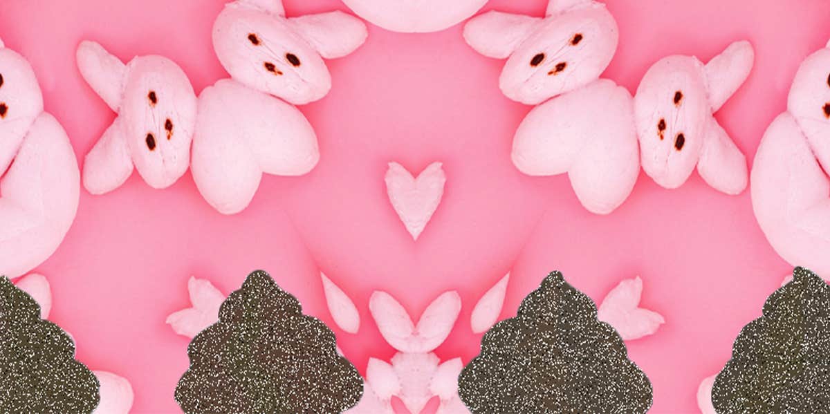Poop Peeps Are Officially The Reason For The Easter Season sparkly poop in foreground of peeps background