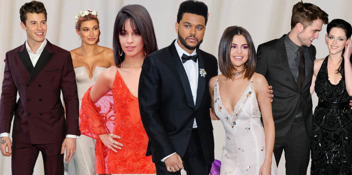 7 Celebrity Relationships That Were Allegedly For Publicity Shawn Mendes, Hailey Bieber, Camila Cabello, The Weeknd, Selena Gomez, Robert Pattinson, Kristen Stewart