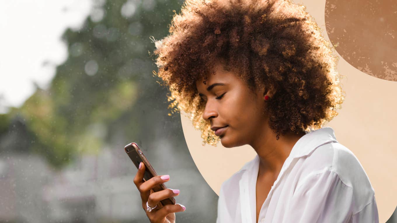 Woman looking at phone sadly debating on dumping married boyfriend