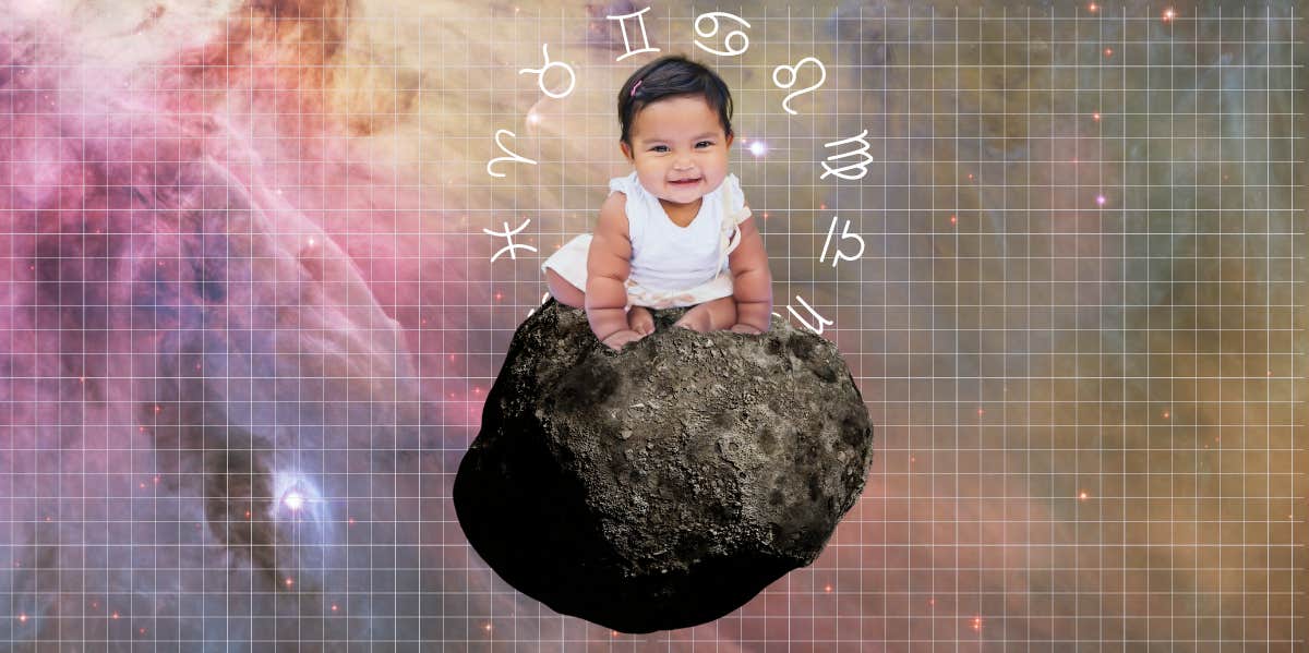 baby sitting in asteroid with zodiac sign symbols